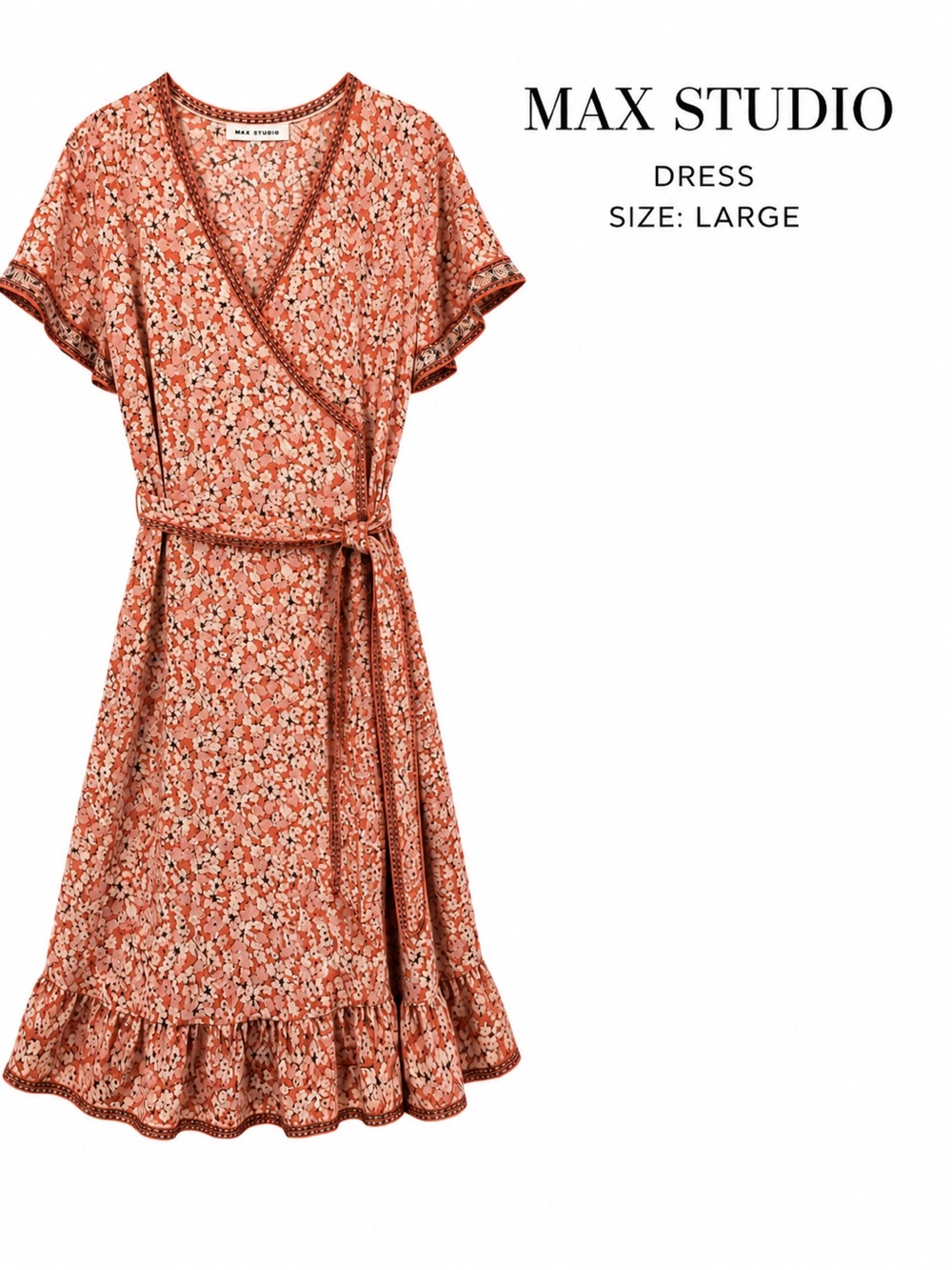 Max Studio Coral Floral Wrap Midi Dress, with sash belt. Feminine, Boho Chic